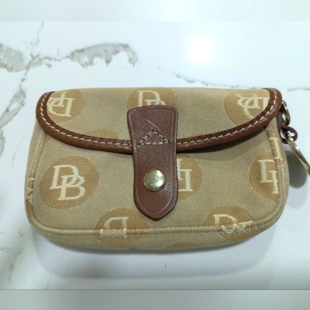 Dooney & Bourke vintage small Canvas Monogram Wristlet purse Brown tan snap